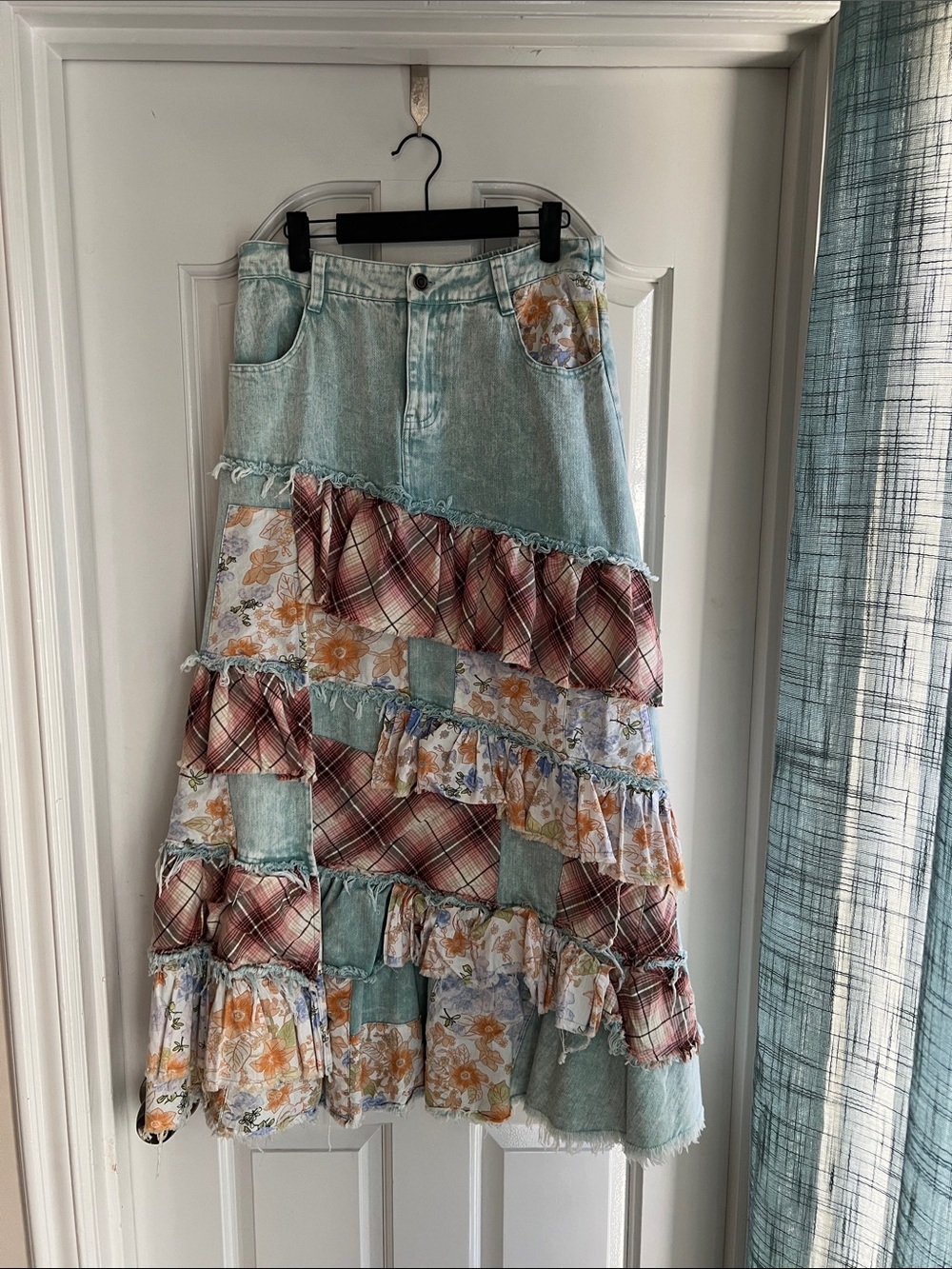 Oli & Holi Patchwork Denim and Floral Maxi Skirt in Light Blue, Rust, and Cream